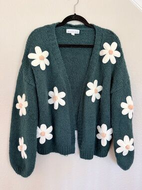Threaded Leaf Daisy Cardigan Sweater Size XL
